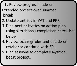 1. Review progress made on 
Extended project over summer
 break
Update entries in VVT and PPR 
Plan next activities on action plan using sketchbook completion checklist  below
Review exam grades and decide on retake/or continue with EP.
Plan sessions to complete Mythical beast project.
